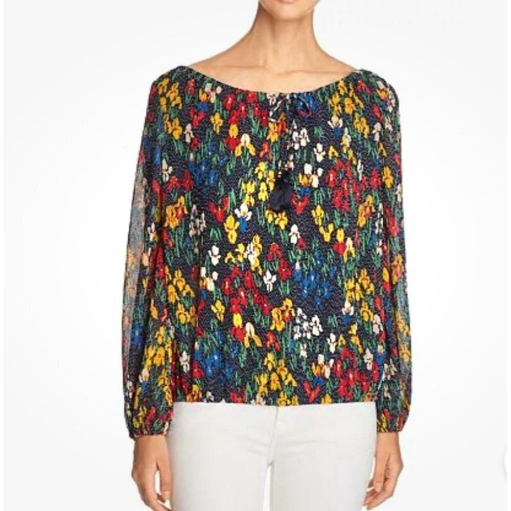 TORY BURCH Josephine Peasant Blouse Top size Small Floral Sheer Designer Office